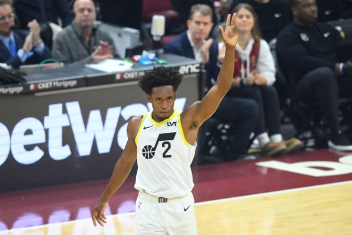 Dec 20, 2023; Cleveland, Ohio, USA; Utah Jazz guard Collin Sexton (2) acknowledges the crowd in the first quarter against the Cleveland Cavaliers at Rocket Mortgage FieldHouse.